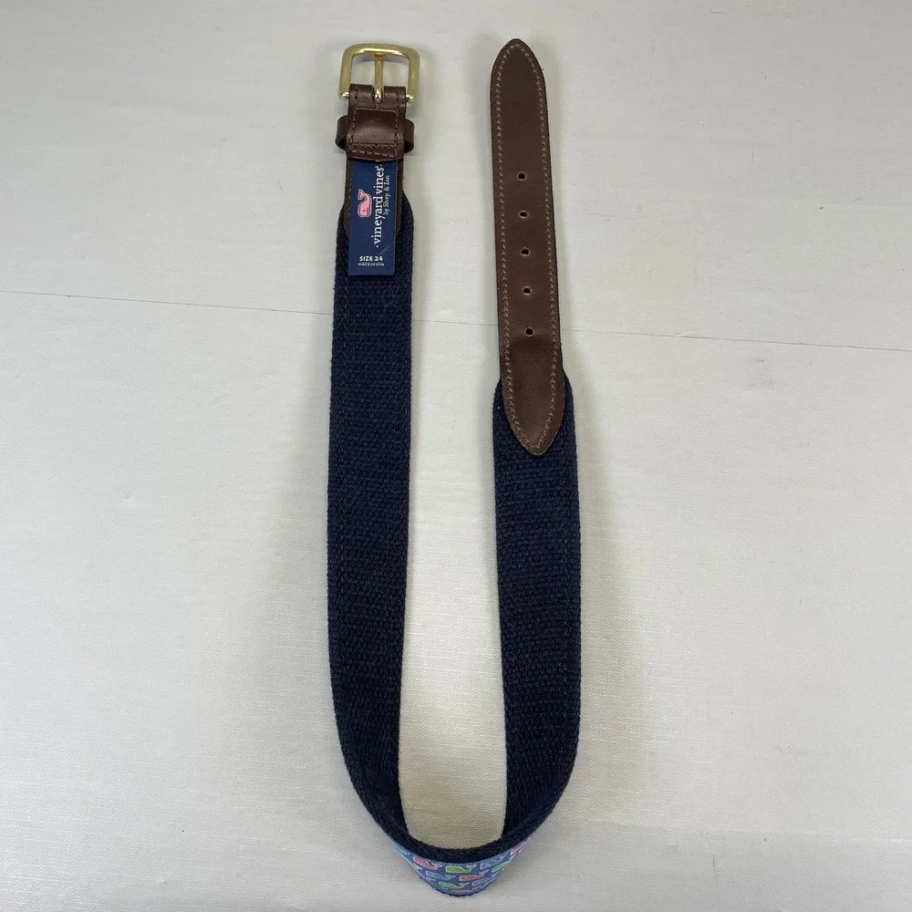 Vineyard Vines Ribbon Belt Kids Youth Size 24 Blue Whale Print Leather Brass USA